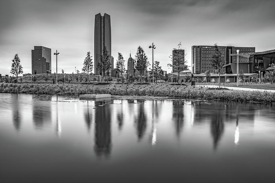 Oklahoma City Skyline Over Scissortail Park Lake in Black and White Photograph by Gregory Ballos