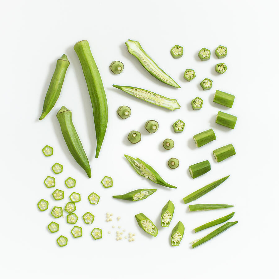 Okra on white background. Photograph by Twomeows