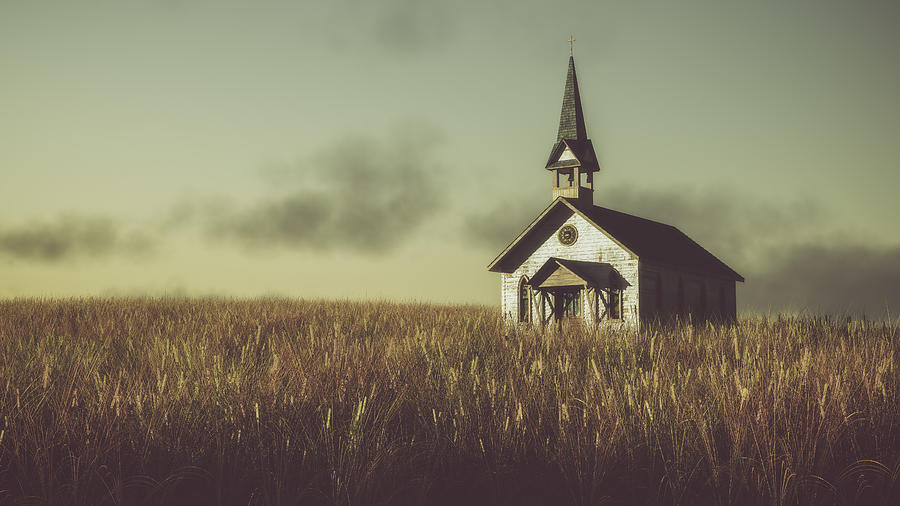 Old abandoned white wooden chapel on prairie at sunset. Photograph by Ysbrandcosijn