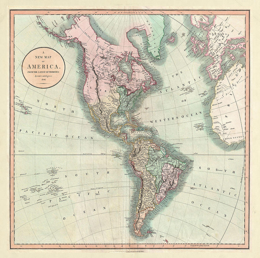 Old Americas Map 1806 Vintage North and South America Atlas Drawing by Adam Shaw
