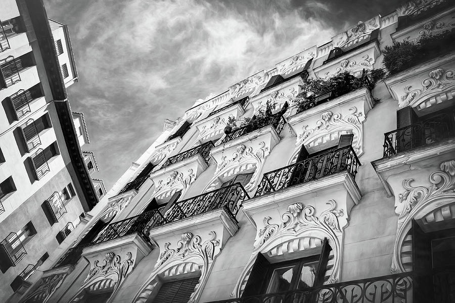 Old and New Architecture of Madrid Spain Black and White  Photograph by Carol Japp