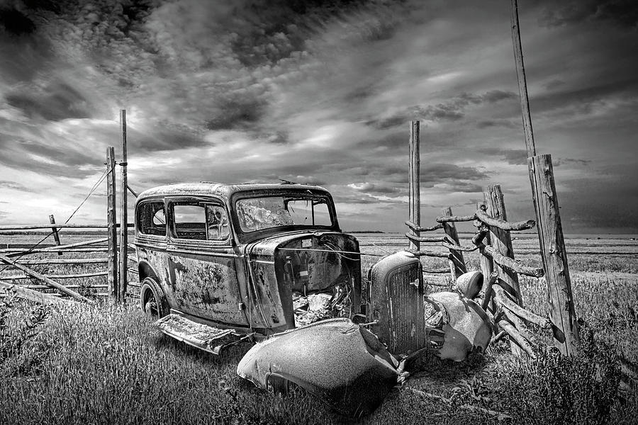 Old Auto Wreck with Wood Fence Photograph by Randall Nyhof