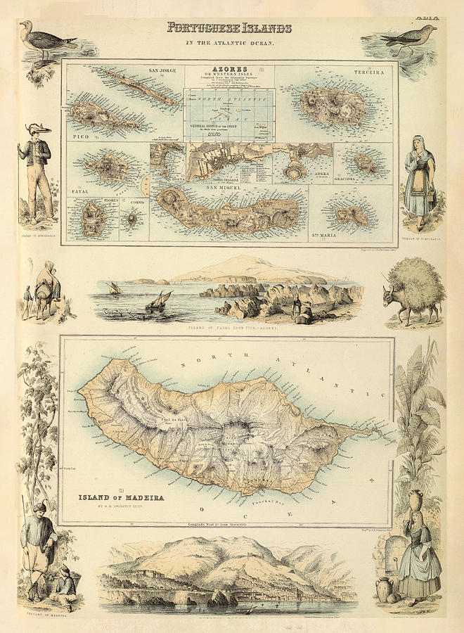 Old Azores Islands Map 1872 Vintage Portuguese Isles Atlas Drawing by ...