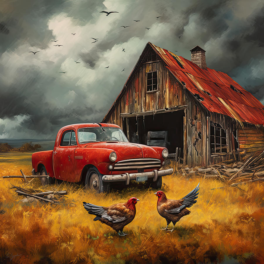 Old Barn and Red Truck Painting by Lourry Legarde