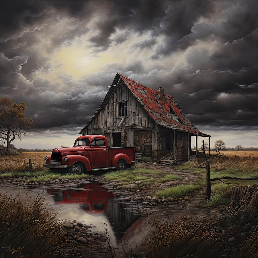 Old Barn and Red Truck Paintings Painting by Lourry Legarde