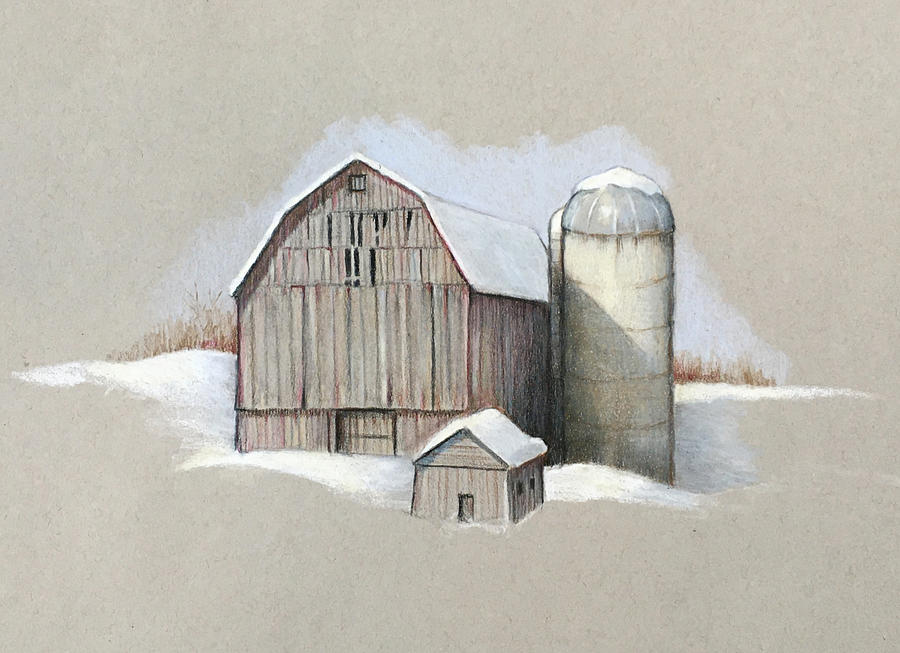 Old Barn And Silo In Winter Drawing