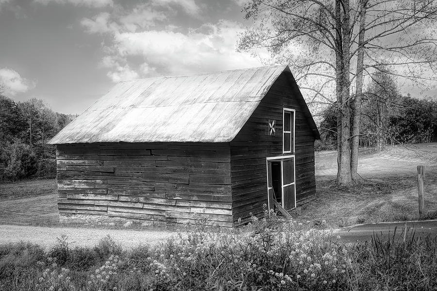 Old Barn in Wildflowers in Black and White Photograph by Debra and Dave Vanderlaan