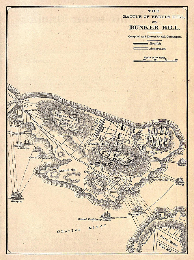 Old Battle of Bunker Hill Map 1881 Vintage Charlestown MA Revolutionary ...