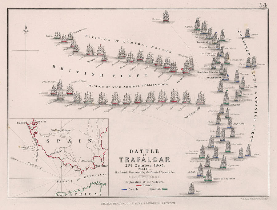 Old Battle of2Trafalgar Map (1902) Vintage newest Admieal Lord Nelson Naval Warfare Chart Shower Curnt ns