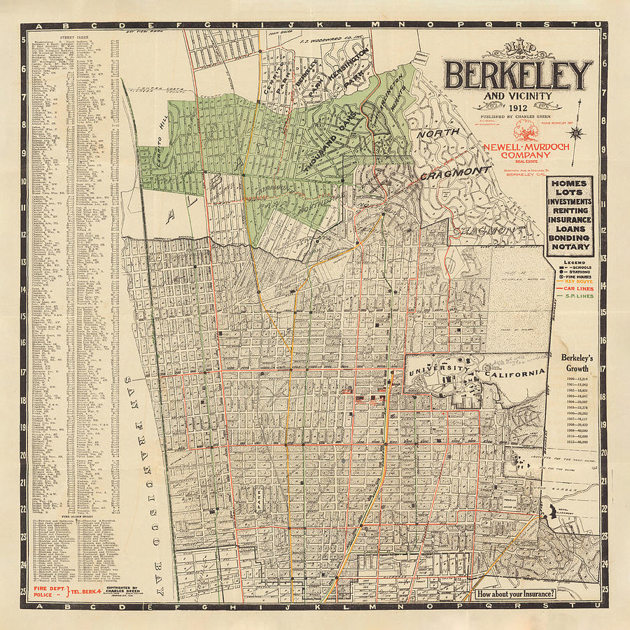 Old Berkeley CA Map 1912 Vintage San Francisco Bay Suburb Atlas Drawing