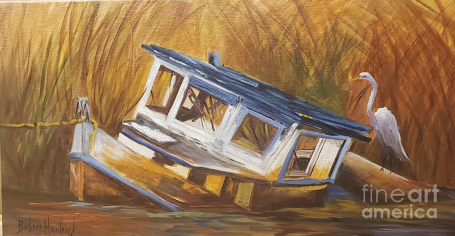 Old Boat with Egret Painting by Barbara Haviland