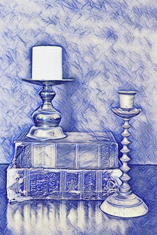 Old Books and Candlesticks in Blue Digital Art by Gaby Ethington