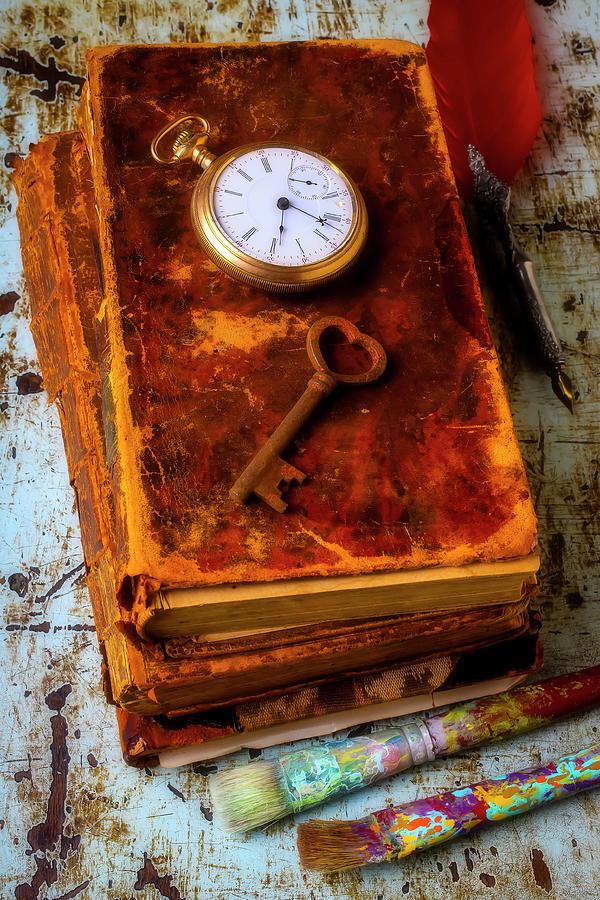 Key Photograph - Old Books With Key And Pocketwatch by Garry Gay