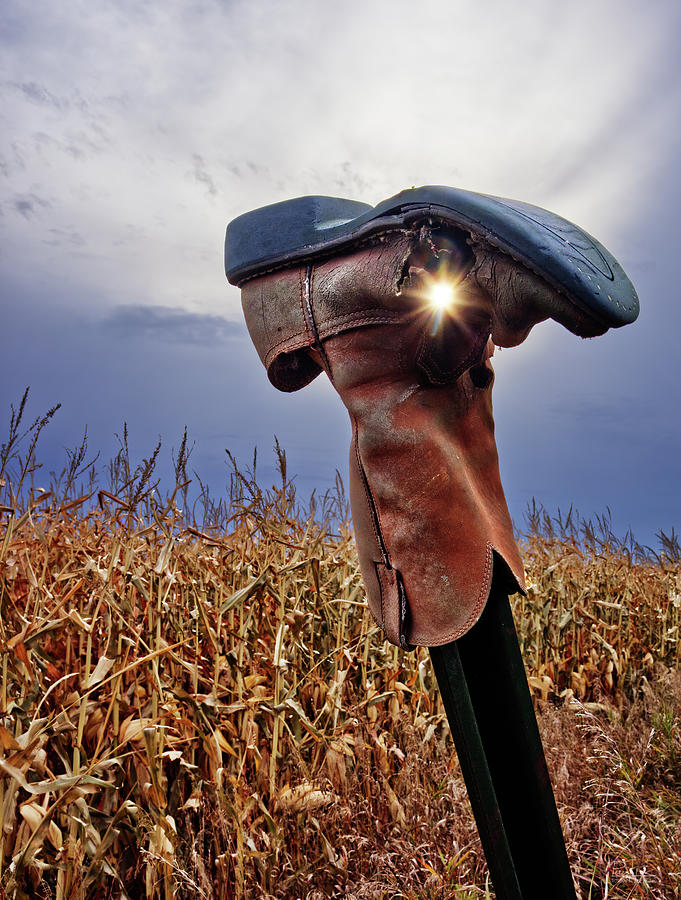 Old Boot New Sol -  weathered cowboy boot on post at ND corn field Photograph by Peter Herman