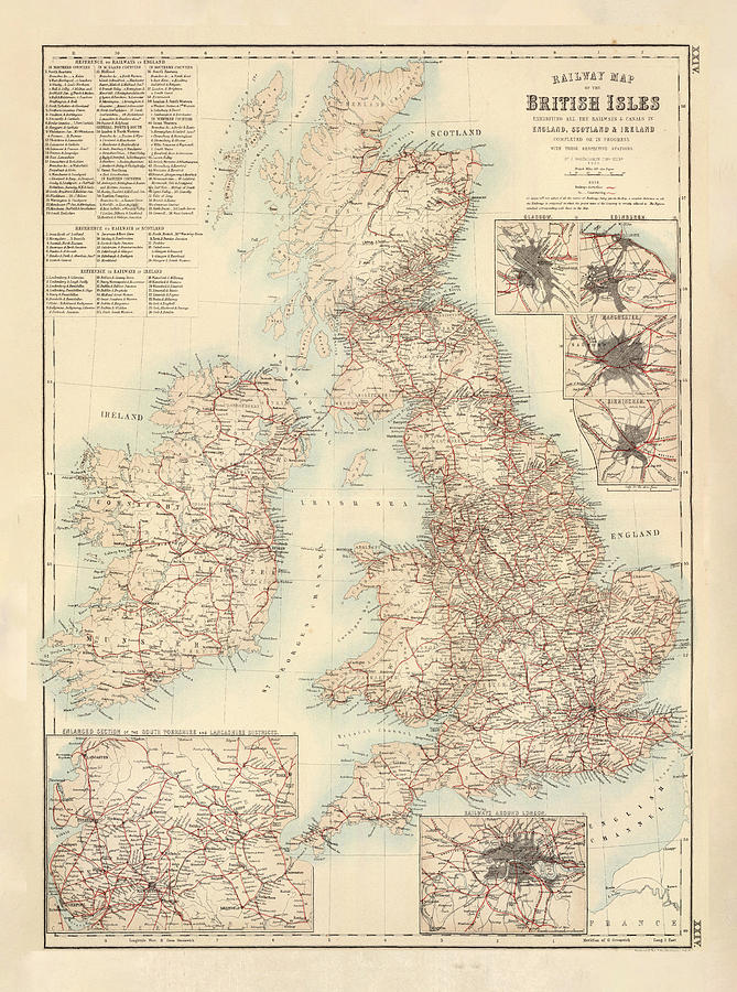 Old British Isles Railway Map Vintage Great Britain Railroad Atlas