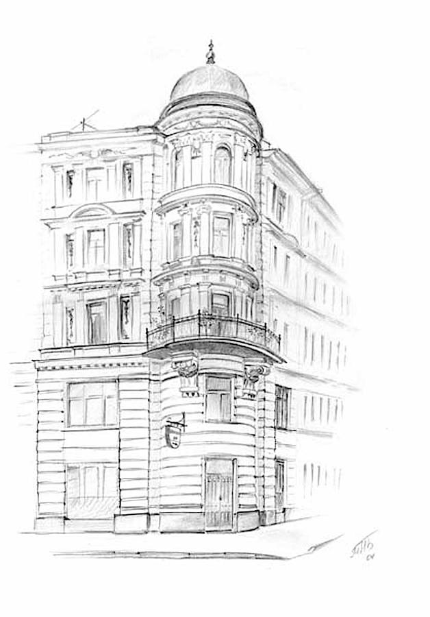 Old Building With Balcony Drawing