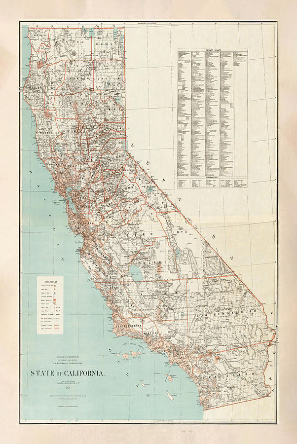 Old California Map 1879 Vintage Californian State Atlas Drawing by Adam ...