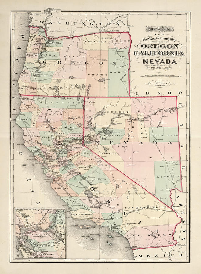 Old California, Oregon and Nevada Map 1874 Vintage Western US States