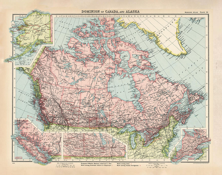 Old Canada Map 1923 Vintage Canadian Country Atlas Drawing by Adam Shaw ...