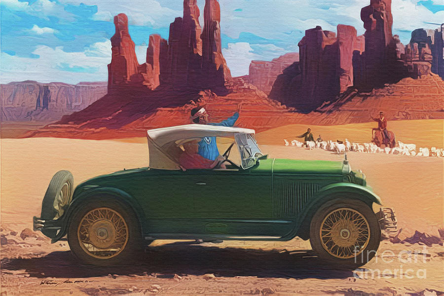 Old Car and Navajo Sheepherder at Monument Valley Digital Art by Walter Colvin