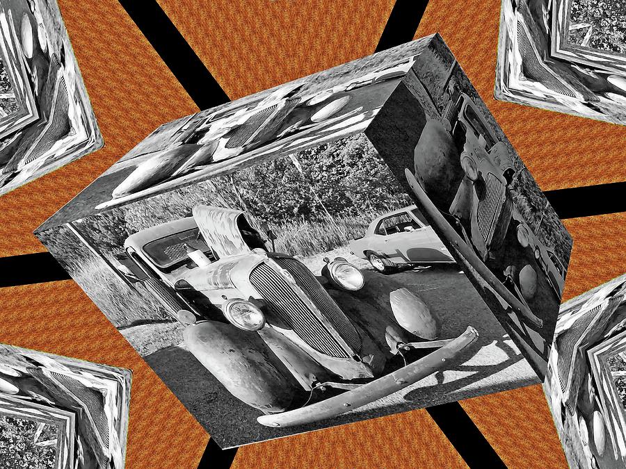 Old car as a box selection black and white kaleidoscope Digital Art by Karl Rose