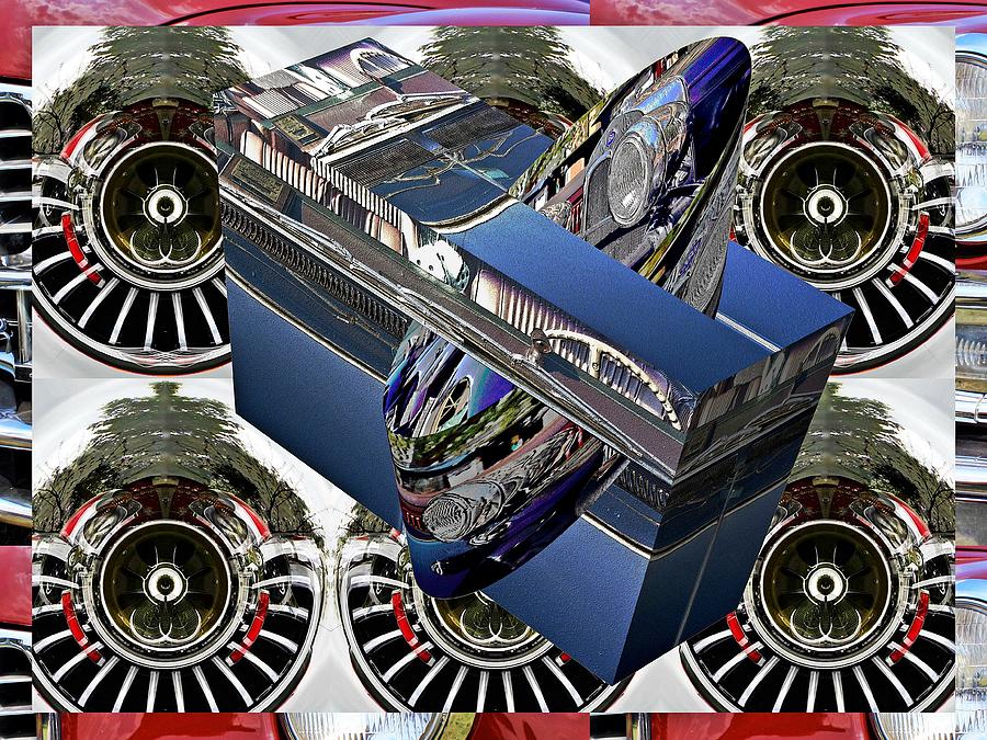 Old car hood reflection box and cars row cylinder as art Digital Art by Karl Rose