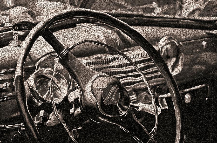Old car steering wheel warped crystal desaturate Digital Art by Karl Rose