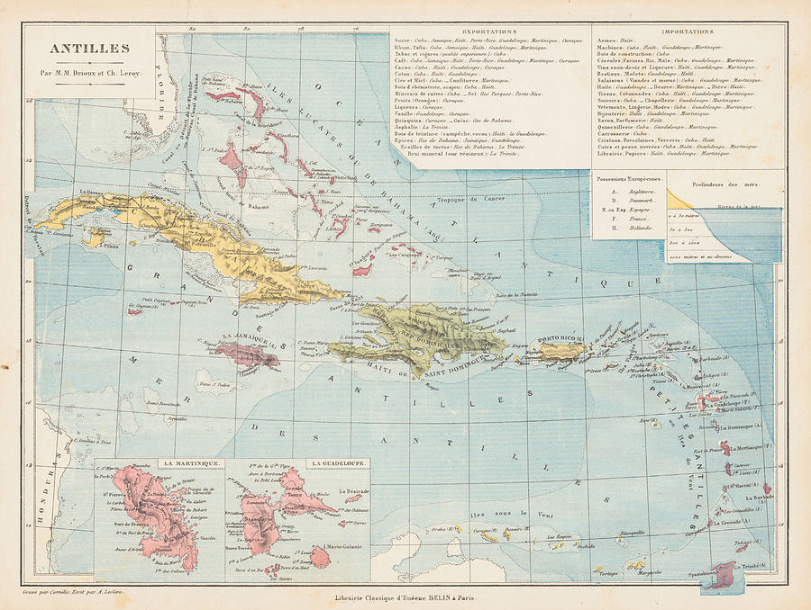 Old Caribbean Map 1886 Vintage West indies Isles Atlas Drawing by Adam ...