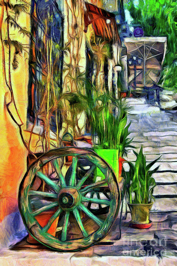 Old carriage wheel and flower pots Painting by George Atsametakis