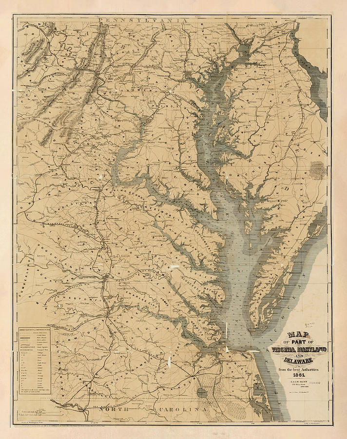 Old Chesapeake Bay Map 1861 Vintage Coastal Virginia Atlas Drawing by