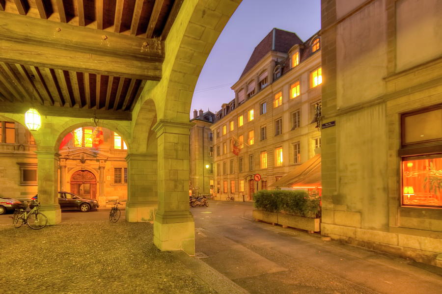 Old city arch and street in Geneva, Switzerland, HDR Photograph by Elenarts - Elena Duvernay photo