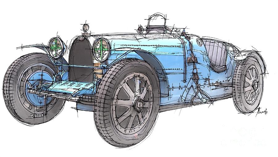 Vintage Drawing - Old Classic Bugatti, Original artwork by Drawspots Illustrations