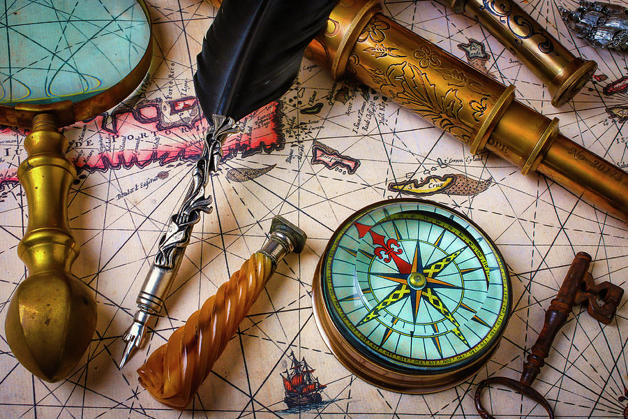 Map Photograph - Old  Compass And Brass Telescope by Garry Gay