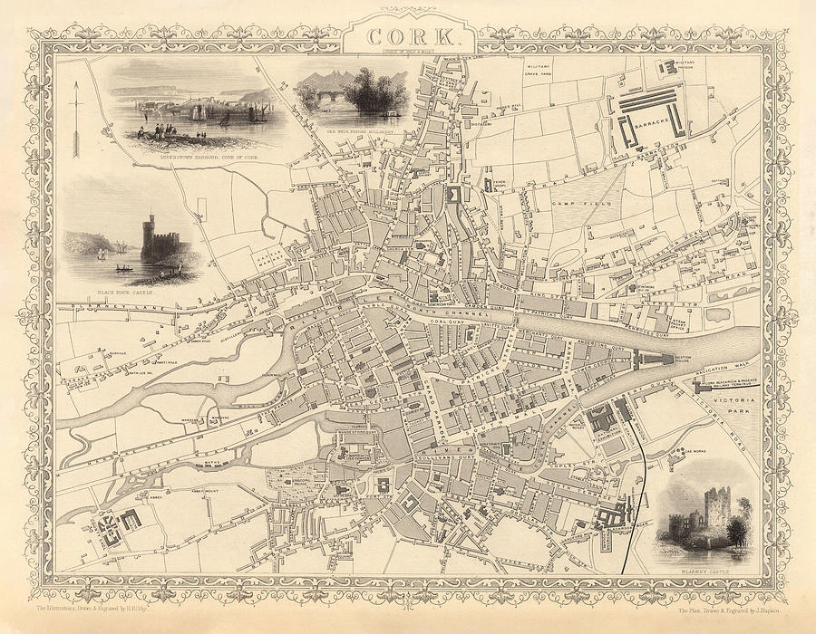 Old Cork Ireland Map 1851 Vintage Corcaigh City and Street Atlas Drawing by Adam Shaw
