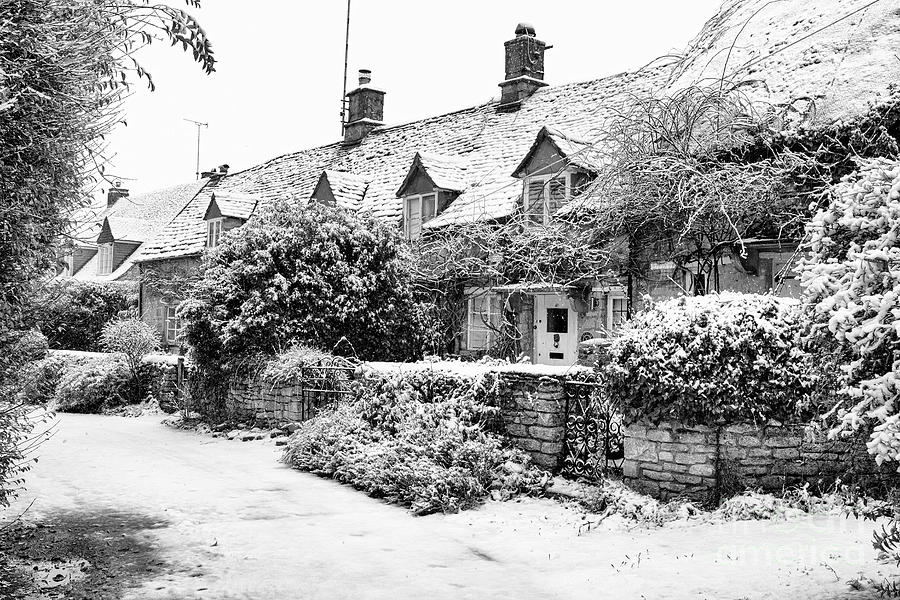Old Cotswold Cottages in Taynton in the December Snow Monochrome Photograph by Tim Gainey