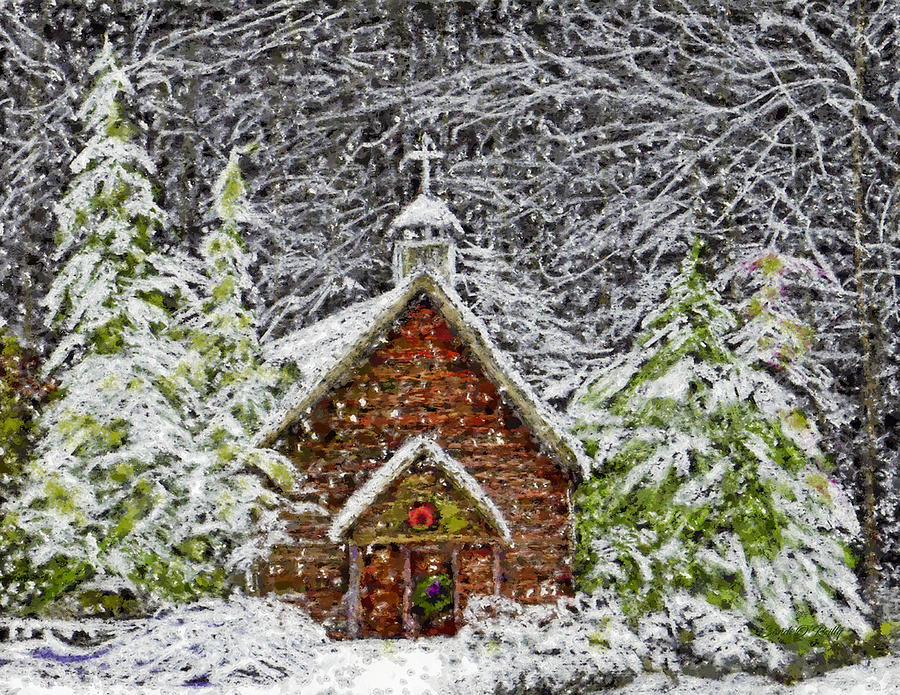 Old Country Church Snow Scene Mixed Media by Sandi OReilly