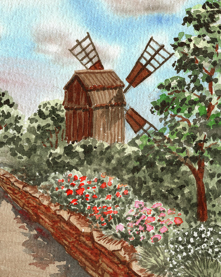 Windmill Painting Village Painting Landscape Wall Art Mill Painting Small Watercolor Painting Original artwork