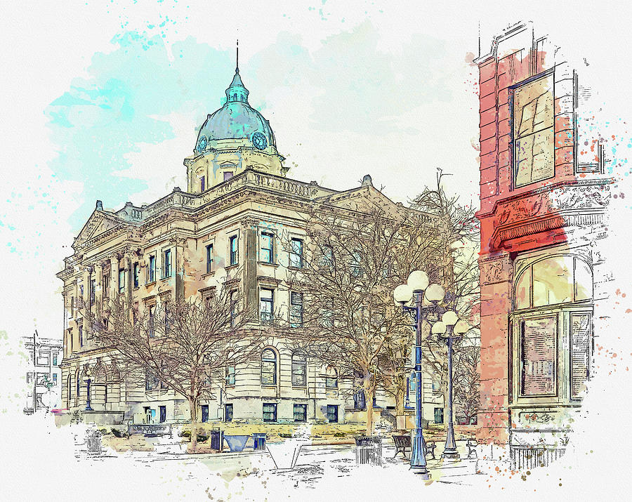 .Old Courthouse From Outside Corn Belt Bank Building, Bloomington, Illinois Painting by