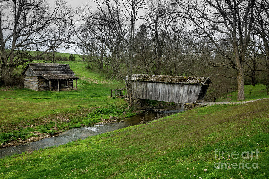 Old Covered Bridge and Log Cabin - North-central Kentucky Photograph by Gary Whitton