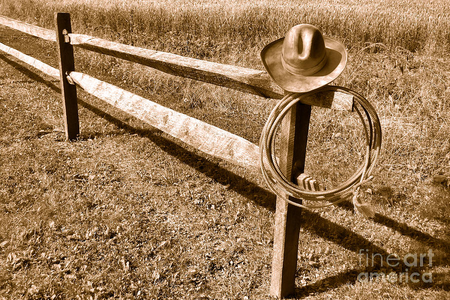 Old Cowboy Hat on Fence - Sepia Photograph by Olivier Le Queinec