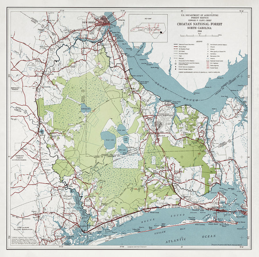 Old Croatan National Forest Map 1964 Vintage NC Woodland Recreational Area Map Drawing by Adam Shaw