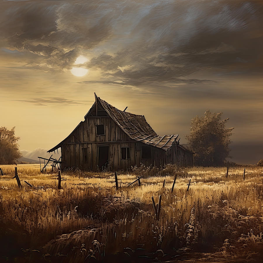 Old Barn Digital Art - Old English Barn - Country Scene with an Old Shack, Ominous Clouds, and a Moon by Lourry Legarde
