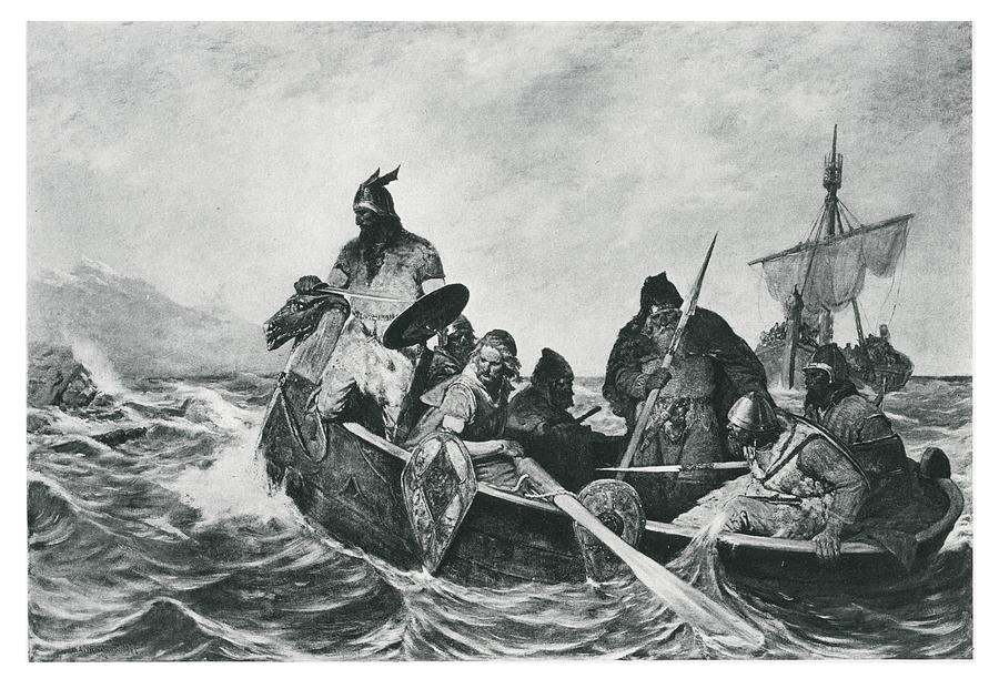 Old engraved illustration of Leif Ericson off the coast of Vineland Photograph by Mikroman6
