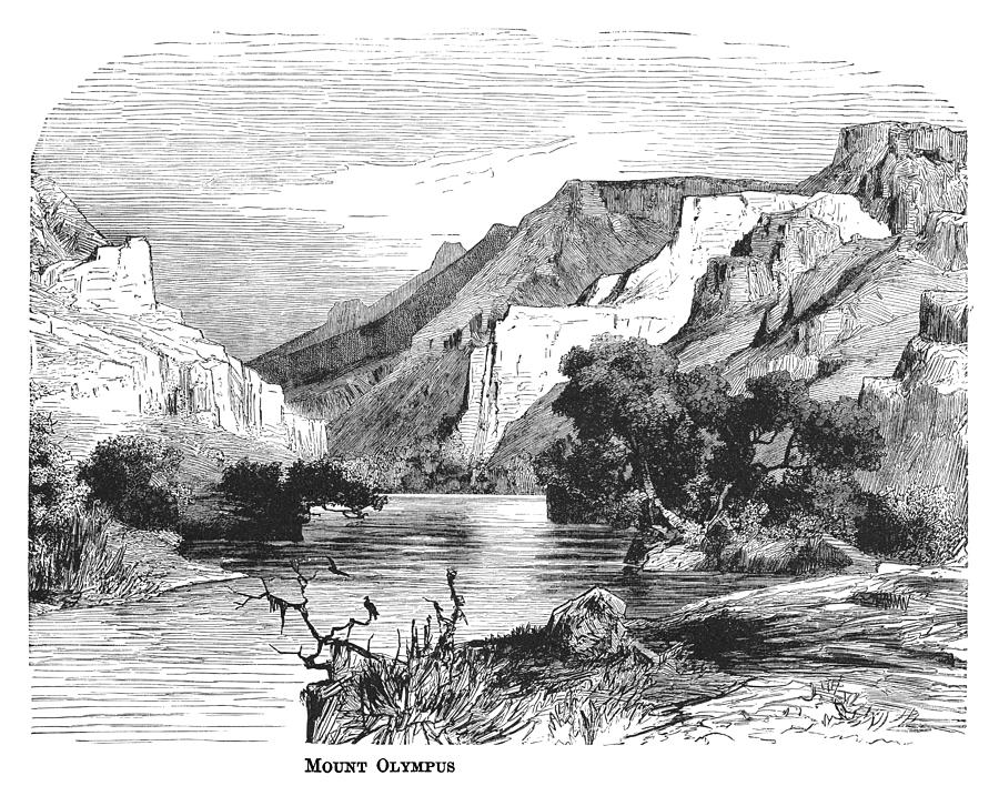 Old engraved illustration of Mount Olympus, highest mountain in Greece. Photograph by Mikroman6