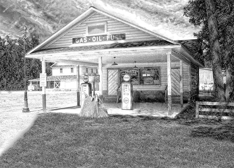 Old Esso Service Station Pencil Effect Mixed Media by Bob Pardue