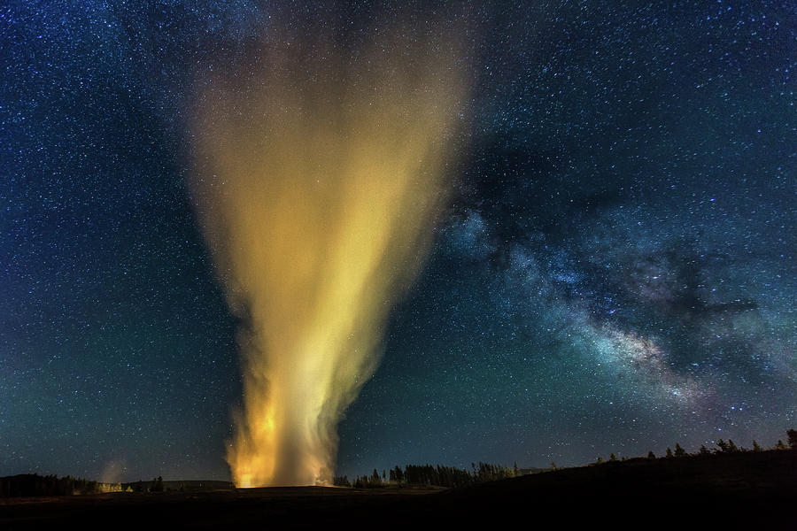 Yellowstone National Park Photograph - Old Faithful And The Milky Way by Mountain Dreams