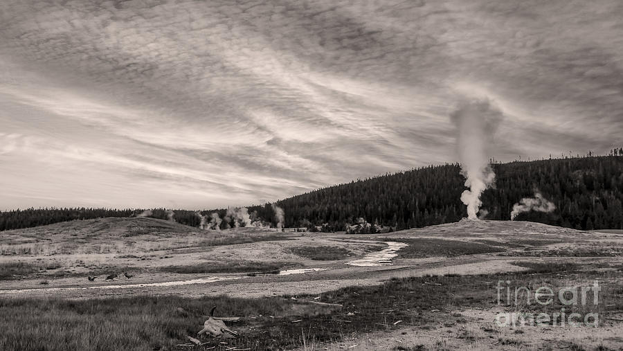 Yellowstone National Park Digital Art - Old Faithful At Rest - Black And White by Anthony Ellis