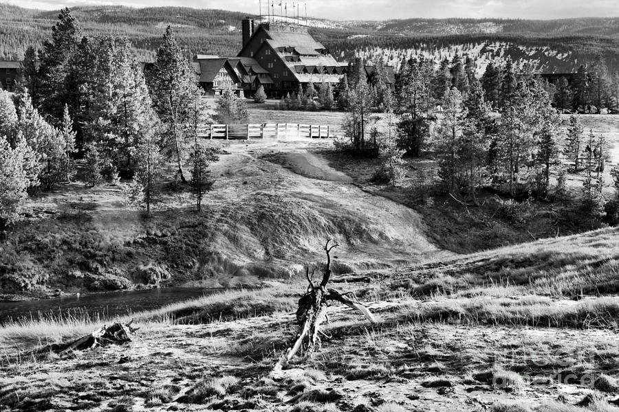 Old Faithful Thermal Landscape Black And White Photograph by Adam Jewell