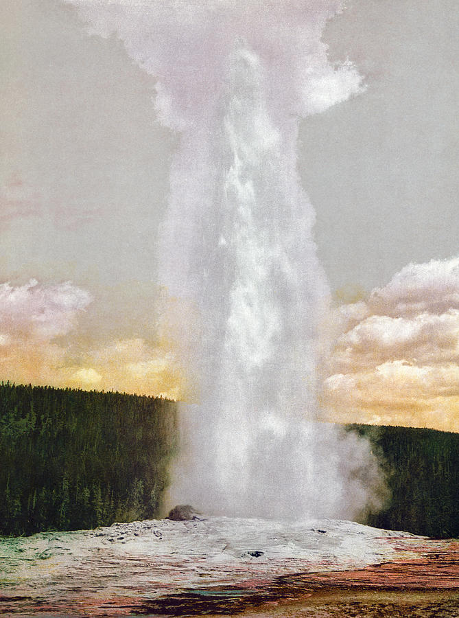Old Faithful - Yellowstone National Park - Circa 1898 Photochrom Photograph by War Is Hell Store