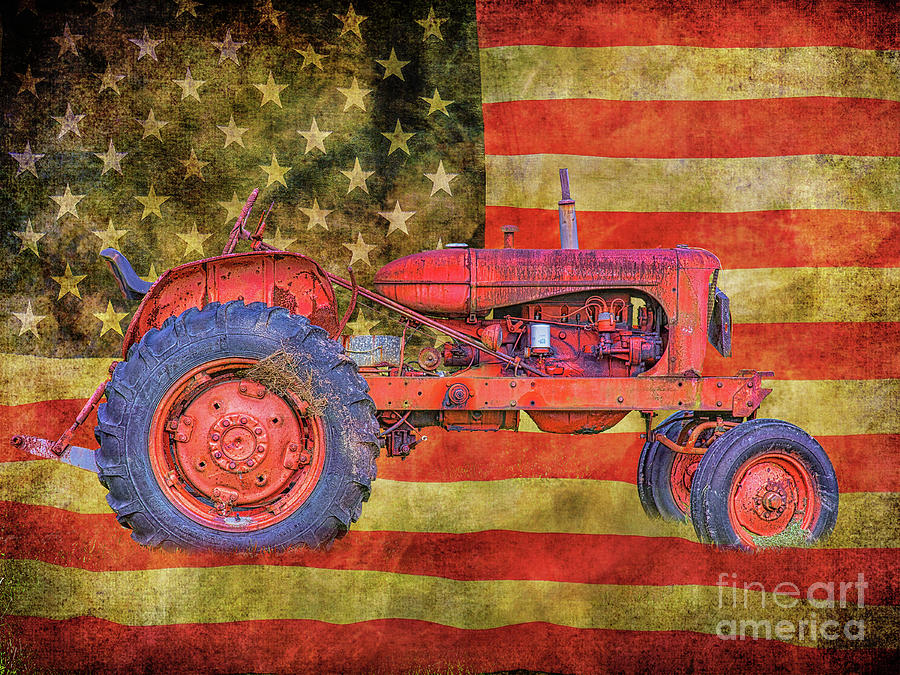 Old Farm Tractor On American Flag Digital Art by Randy Steele
